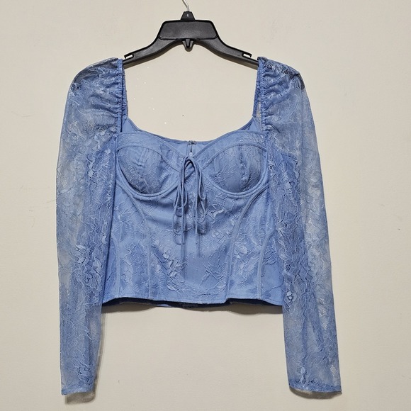 Chelsea & Violet Women Top Size 4 Blue Lace Sweetheart Neck Long Sleeves New 336 - Picture 2 of 9